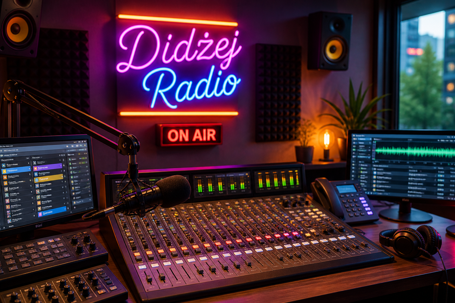 Studio Didżej Radio z neonowym logo i konsoletą